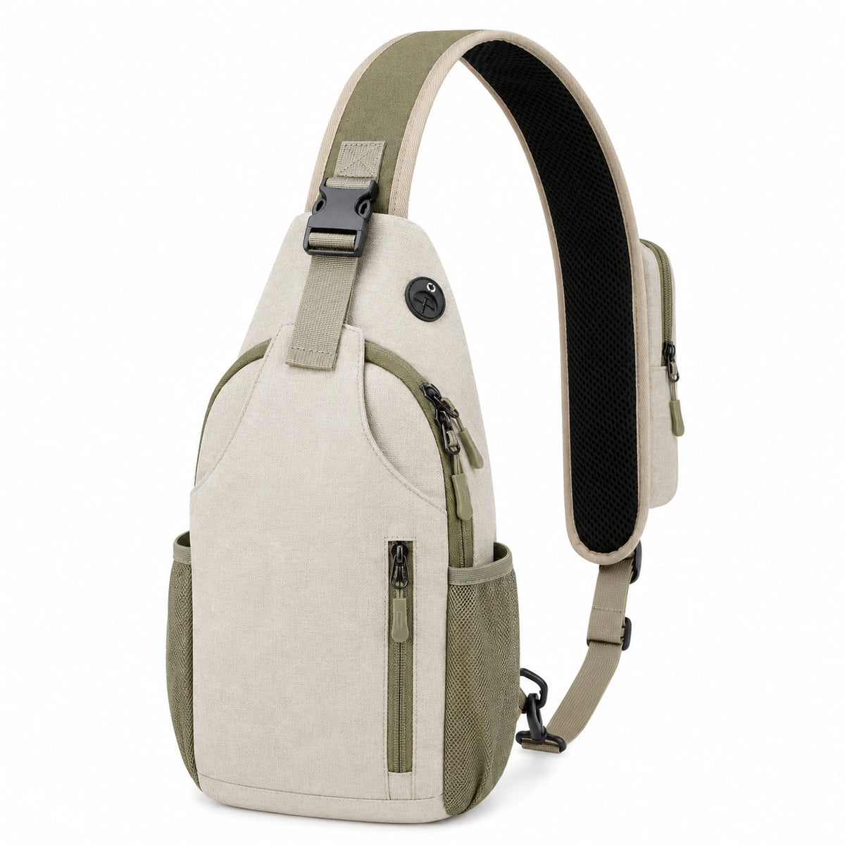 Bandolera moderna beige y verde con estructura multifuncional