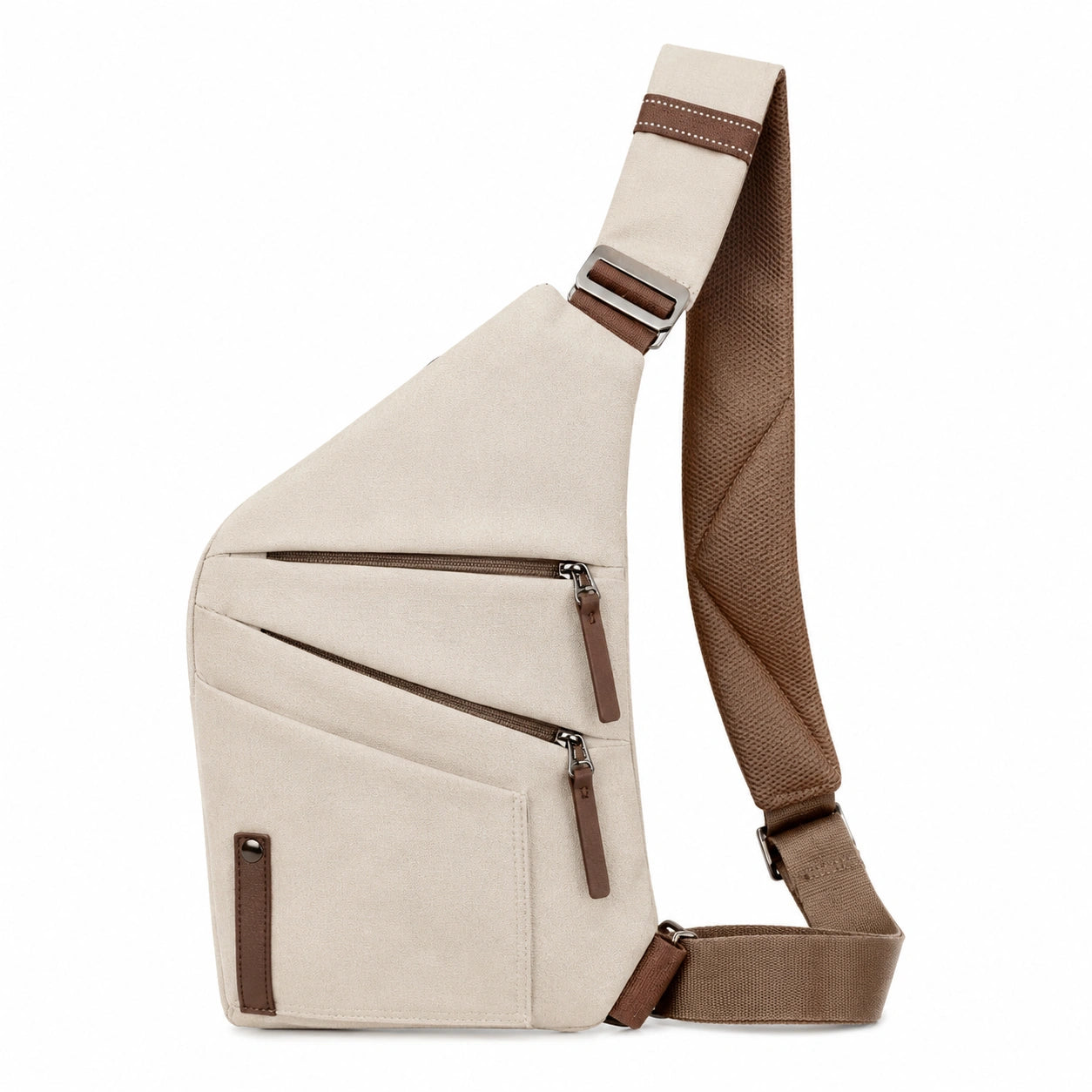 Bandolera de lona beige con múltiples bolsillos