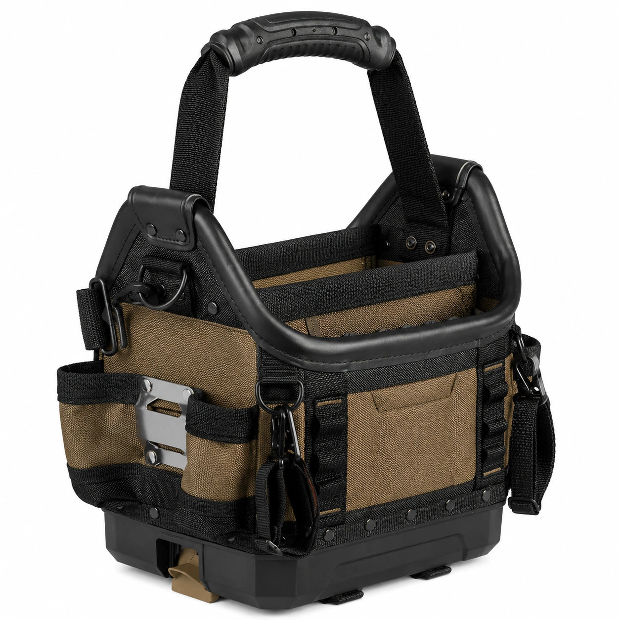 Bolsa de herramientas marrón con múltiples compartimentos y asa ergonómica