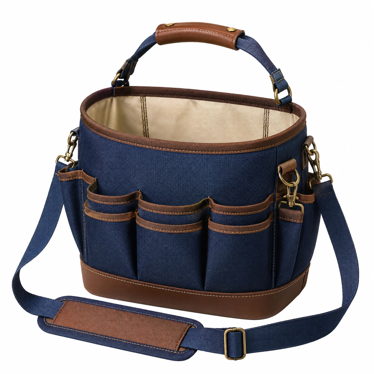 Bolso organizador versátil azul y marrón con correa ajustable