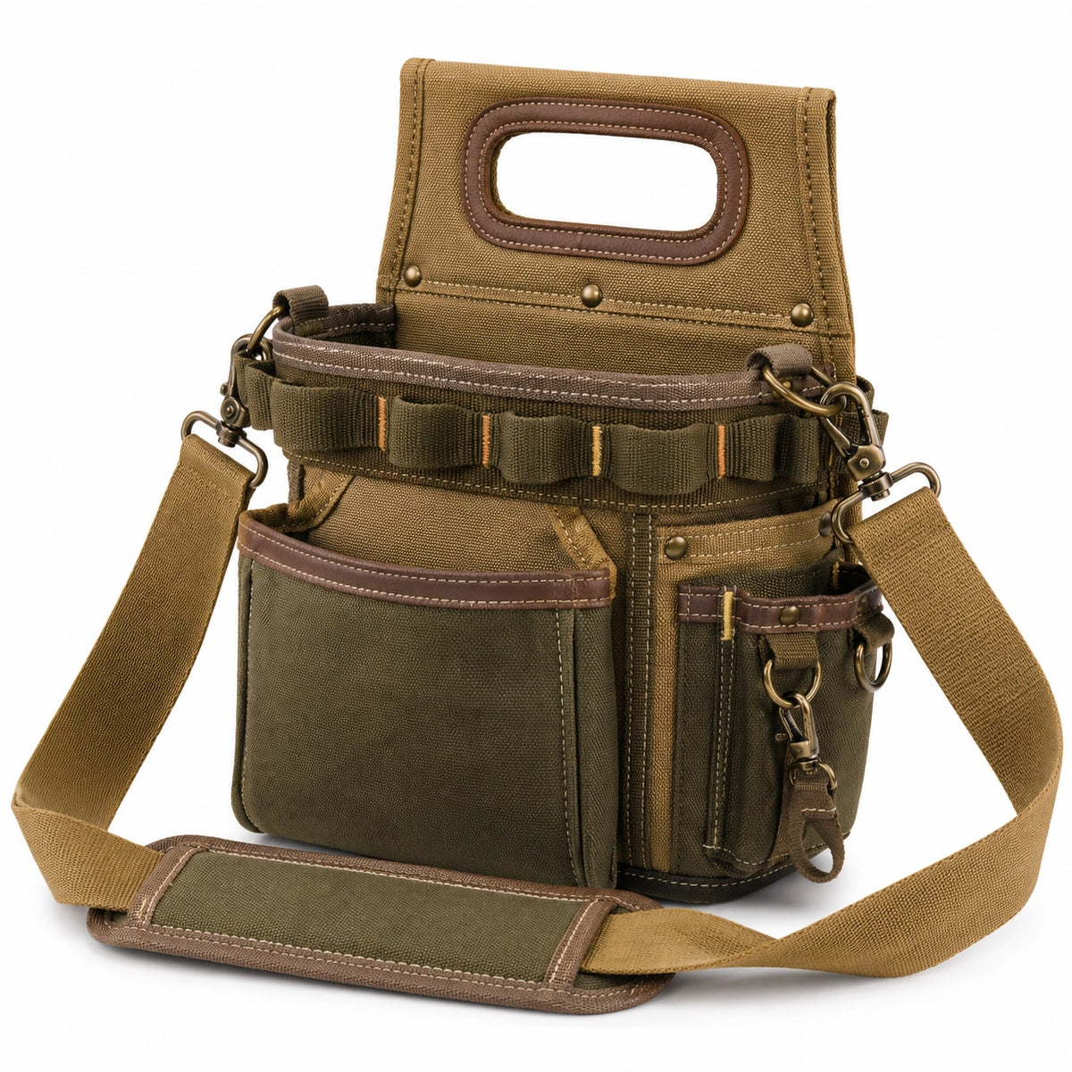 Bolso organizador de herramientas verde y marrón