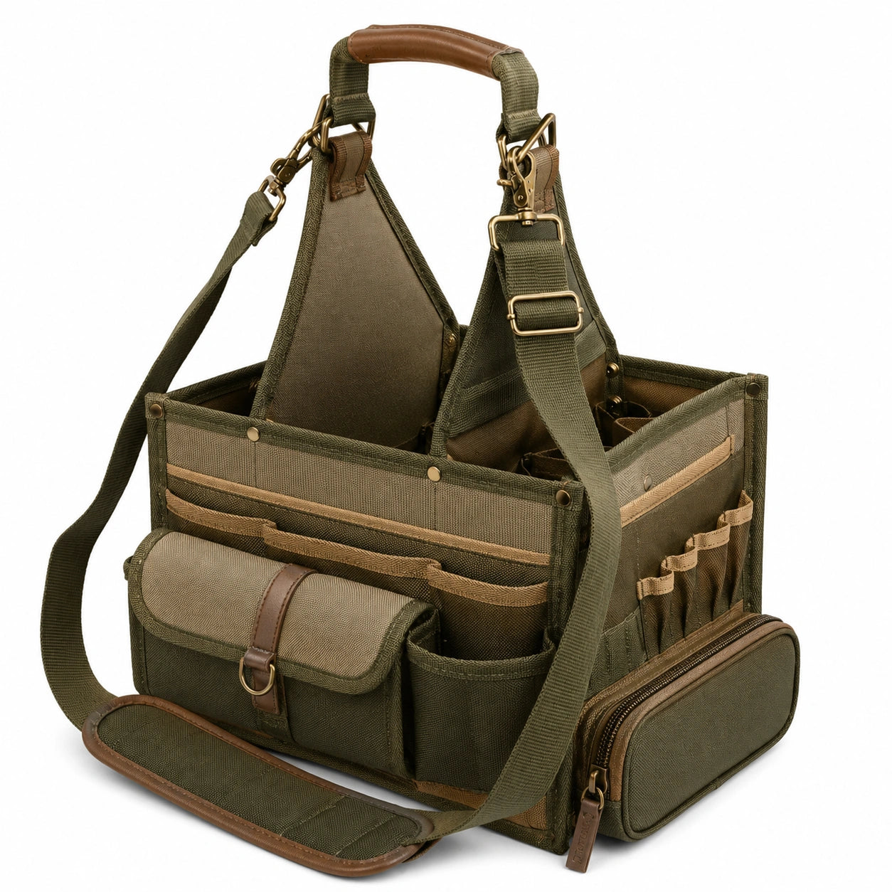 Bolsa de herramientas verde con compartimentos múltiples