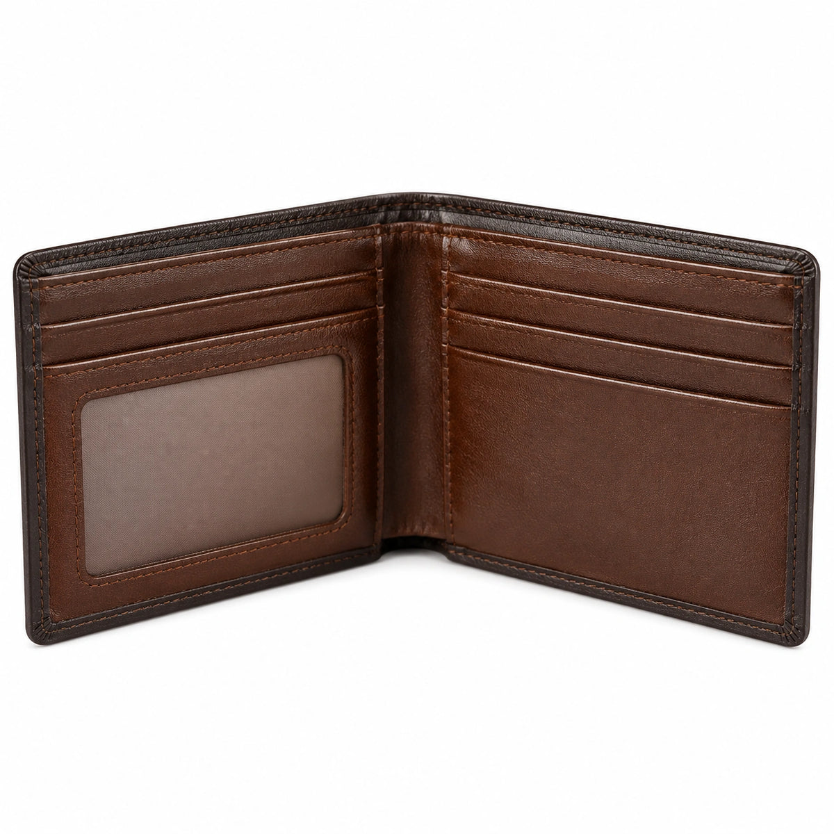 Cartera bifold marrón para hombre con ranuras para tarjetas y ventana de identificación