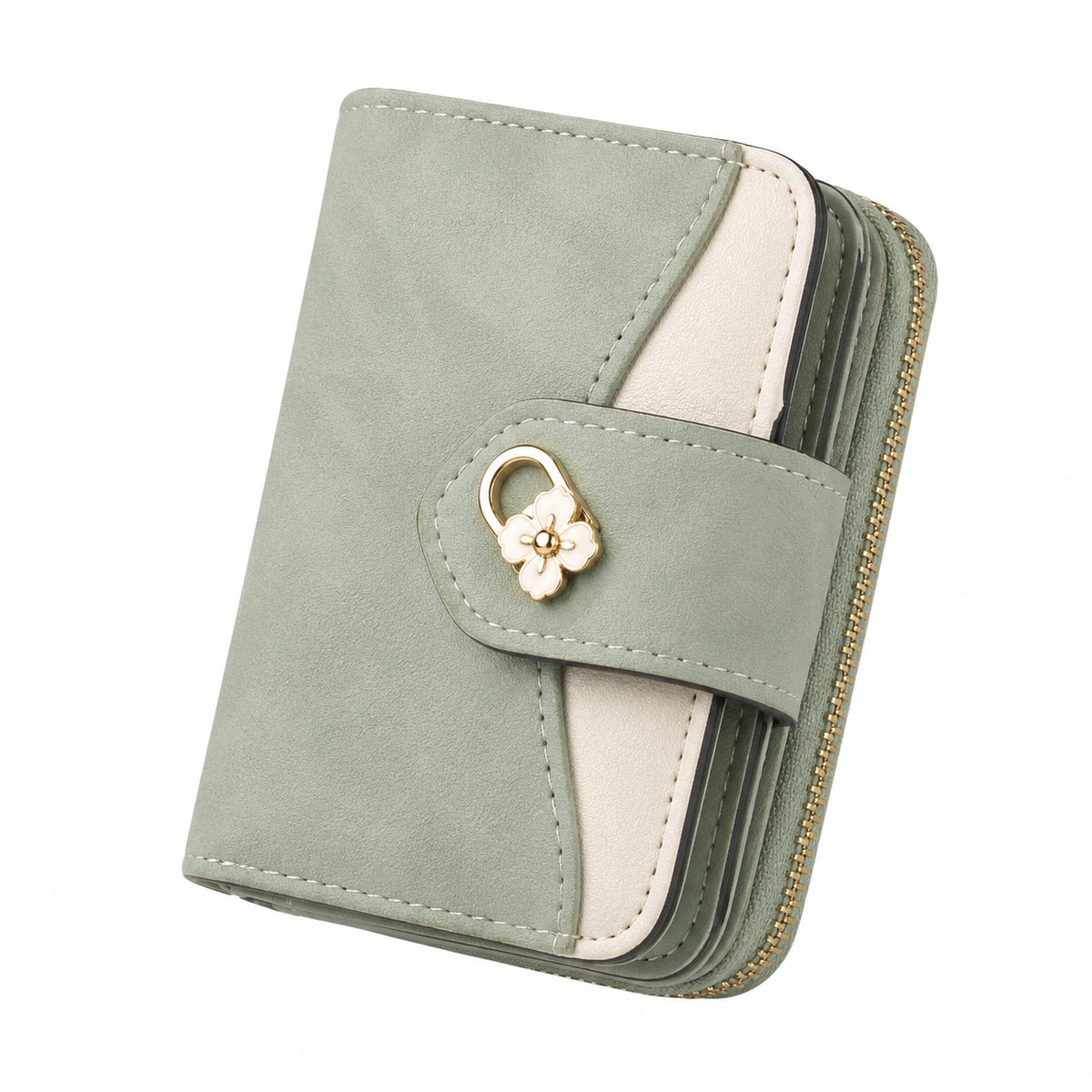 Cartera de Mujer Bifold Verde Beige con Broche y Cremallera