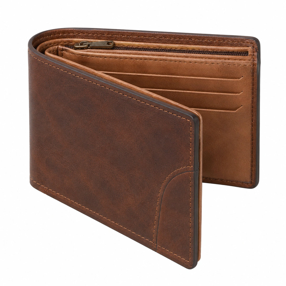 Cartera bifold marrón con cremallera y ranuras para tarjetas para hombre
