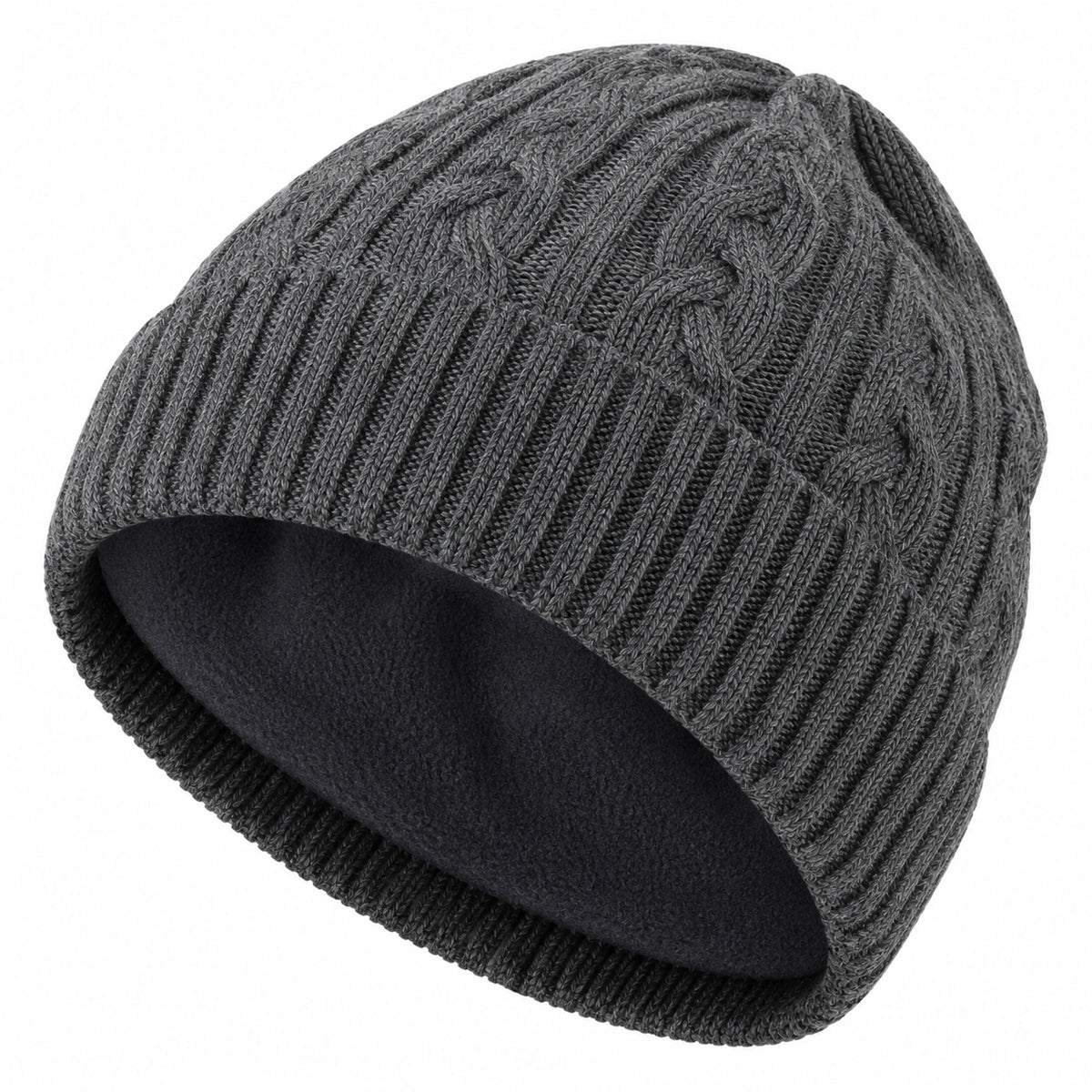 Gorro de Invierno con Forro Polar y Diseño Trenzado en Gris Oscuro