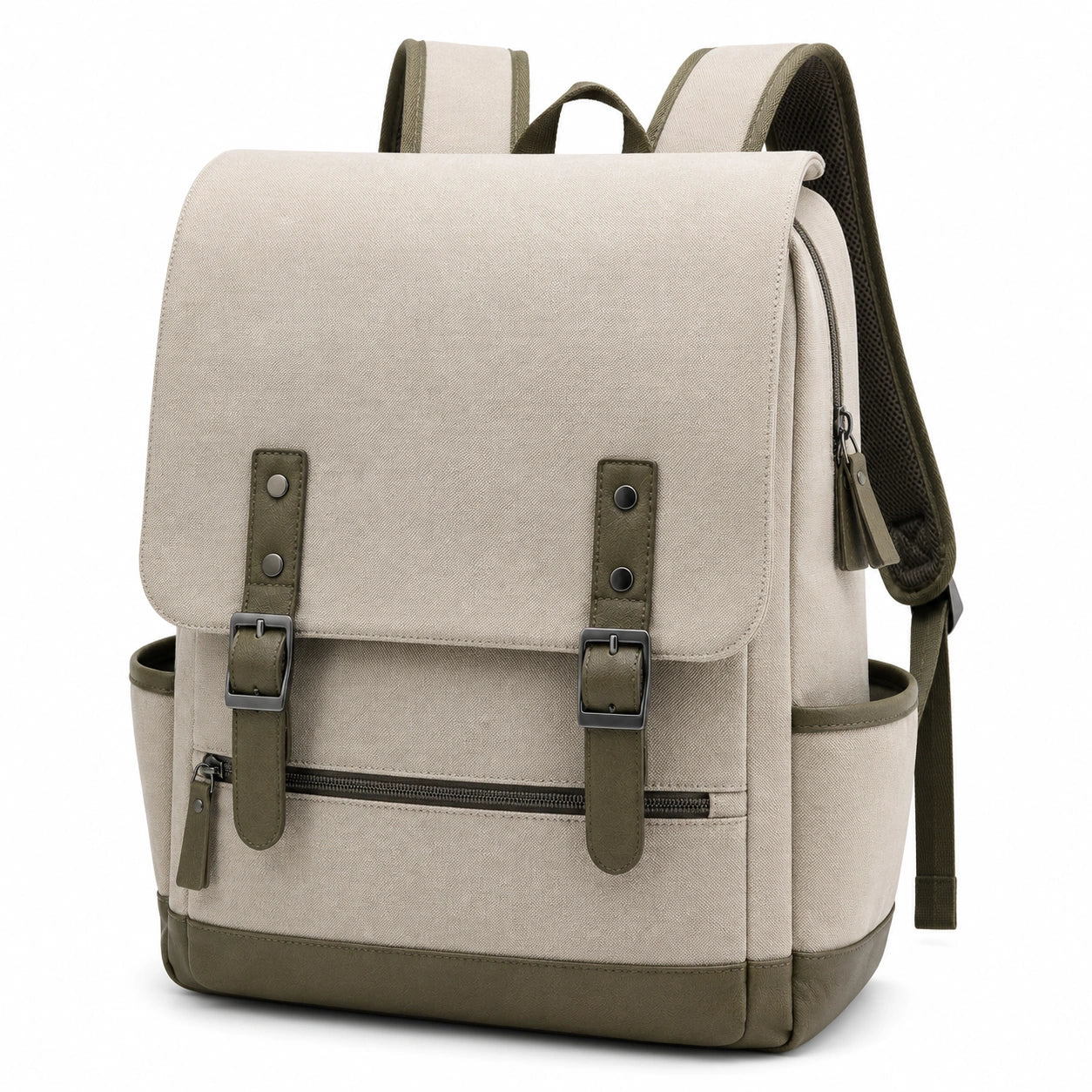 Mochila Escolar de Lona Beige y Verde con Hebillas