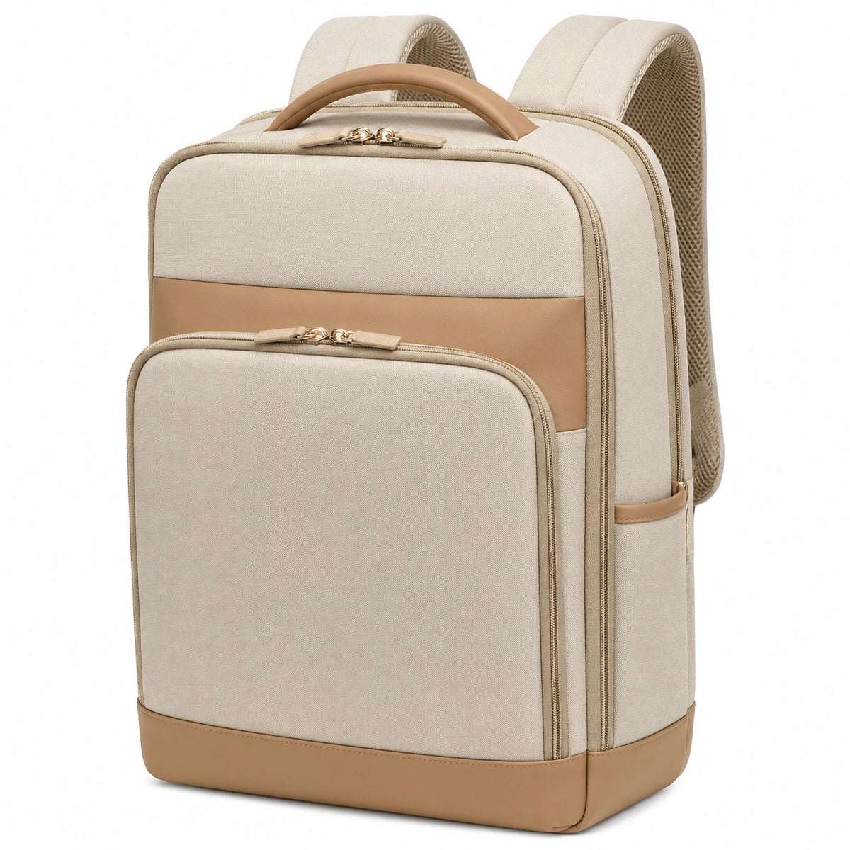 Mochila portátil beige y marrón con múltiples compartimentos