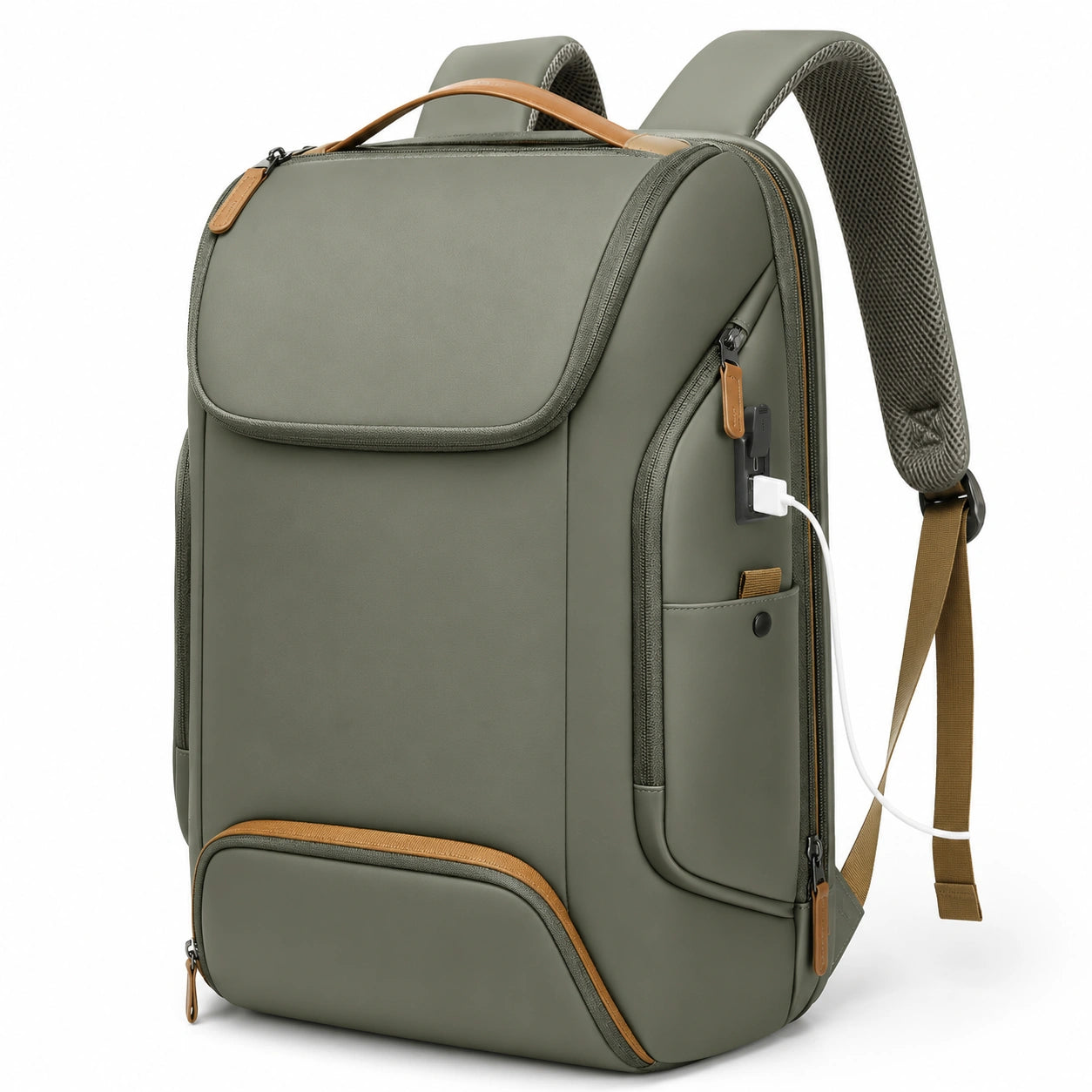 Mochila verde oliva con puerto USB y múltiples compartimentos