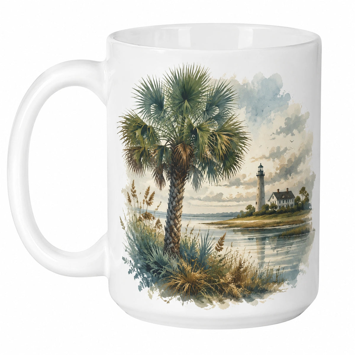 Taza blanca con ilustración de palmera y faro 350ml