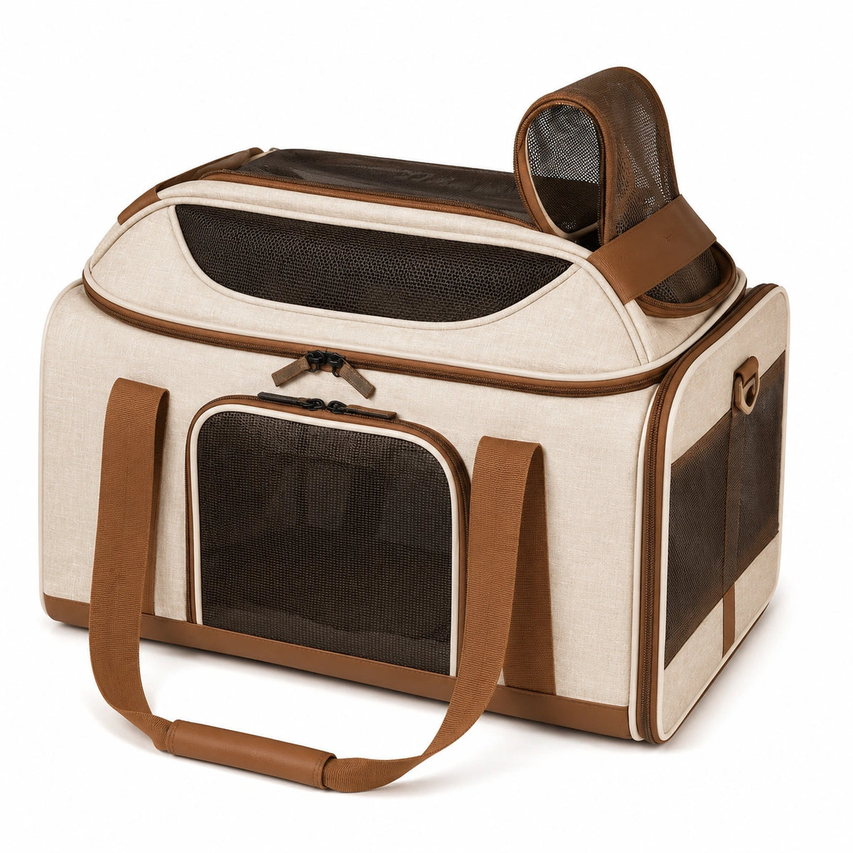 Transportín Plegable para Mascotas con Ventilación y Correa Ajustable Color Beige y Marrón
