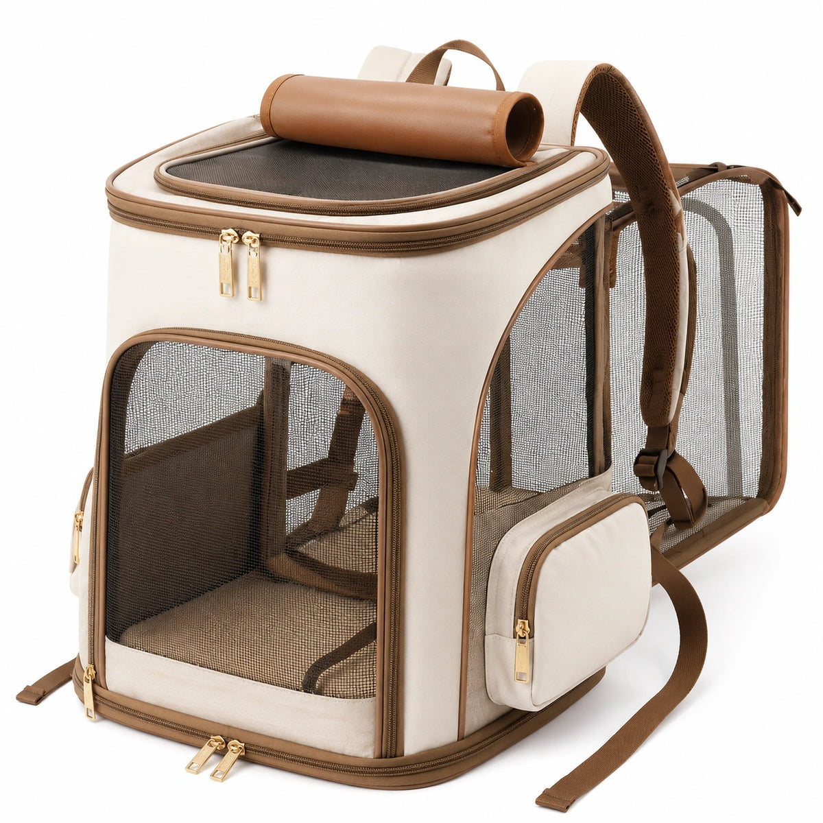 Mochila para Mascotas Beige y Marrón con Ventilación y Acceso Superior