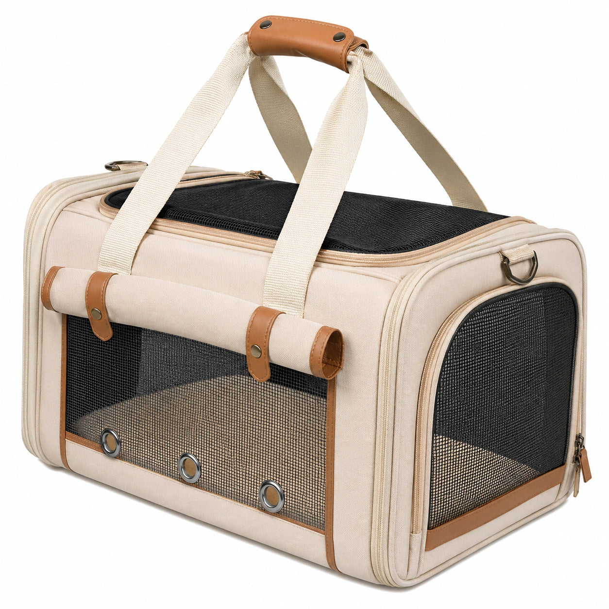 Transportín para Mascotas Pequeñas Beige con Malla Transpirable